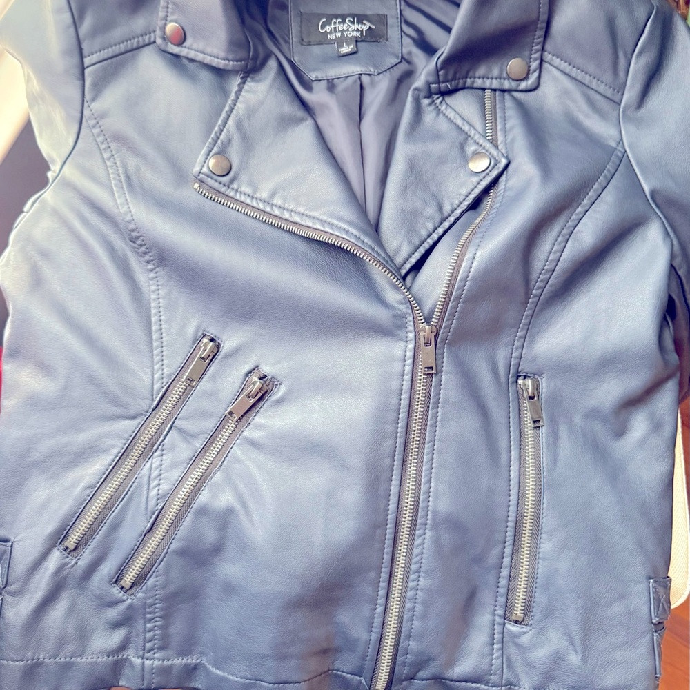 CoffeeShop Blue Faux Leather Jacket Sleek Modern Design